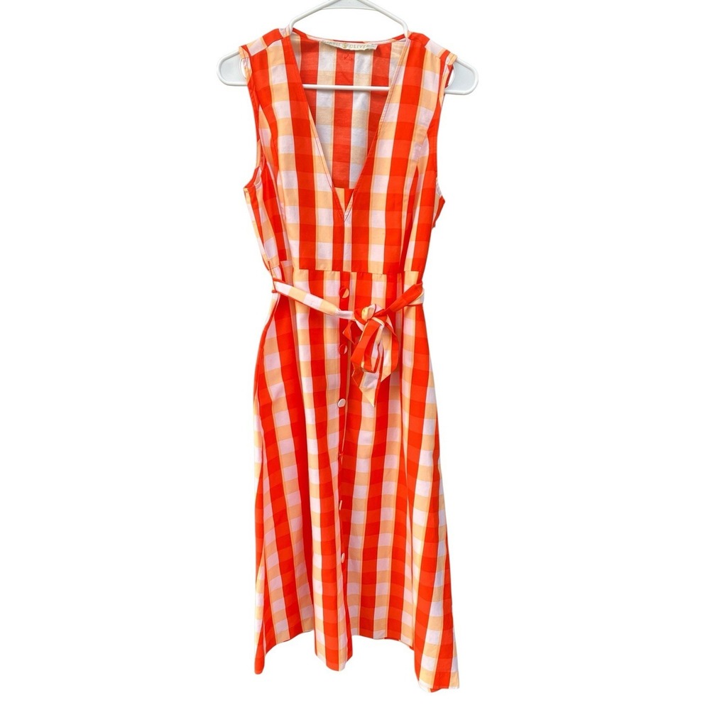 Marie Oliver Silk Blend Dress Womens M Orange Gingham Check Sleeveless Midi